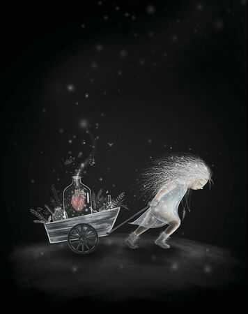 Illustration with a magical girl on a starry planetの写真素材