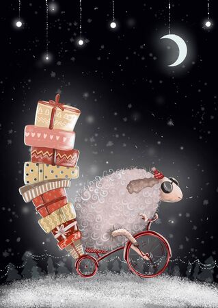 Nea Year card with a sheep and gifts on a bicycleの写真素材