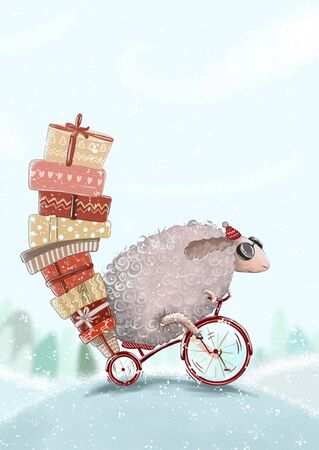 Christmas card with a sheep and gifts on a bicycleの写真素材
