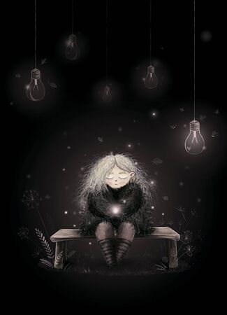 Illustration with a magical sad girl with white hairの写真素材