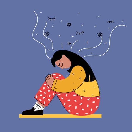 Sad Woman Sitting Floor Flat Cartoon Styleのイラスト素材