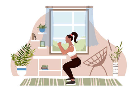 Woman Squats At Home And Does Fitness Flat Styleのイラスト素材