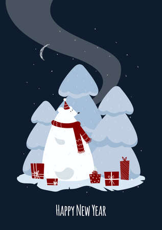 Christmas card. New Year Background. Winter illustration in Cartoon style. White Bear near the Christmas tree with gifts. Post card on a dark backgroundのイラスト素材