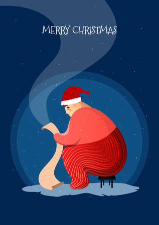Christmas card. Santa Claus Reads Letters. New Year Background. Illustration On a dark background, hand drawn.のイラスト素材
