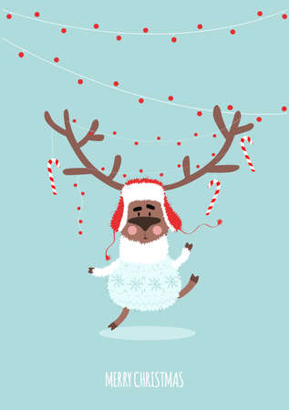 Christmas deer in a sweater. New Year Card. festive Background. Hand drawn cartoon illustration. On the Horns there are New Year toys and lanterns.のイラスト素材
