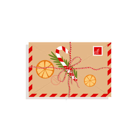 New Year Envelope with Candy, Christmas tree branch. Christmas Letter. Isolated in flat style.のイラスト素材