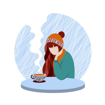 Illustration of a girl sitting at a table with a cup of coffee.のイラスト素材