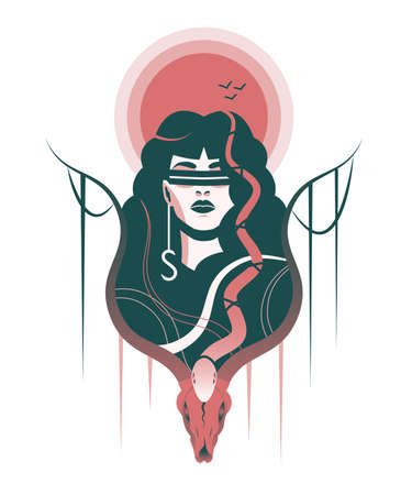 Stylized illustration of a woman with snakes framed by a animal skull at the background of the sun.のイラスト素材
