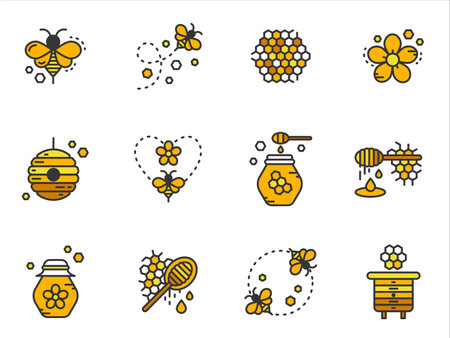 Honey icon set. Bees, honeycomb, jar of honey, beehives, honey dipper and flowers element for website, label, banner, pattern and more.のイラスト素材