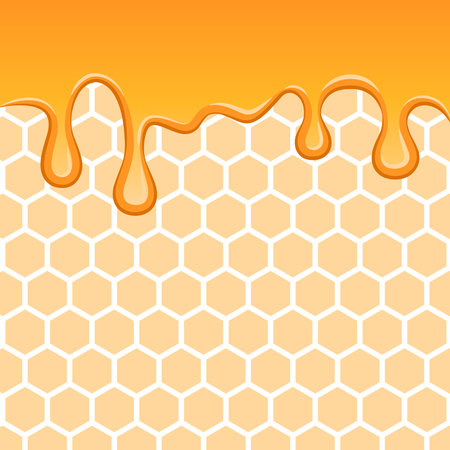 Liquid honey background. Texture of beehive, closeup honeycomb for backdrop, label, banner and more.のイラスト素材
