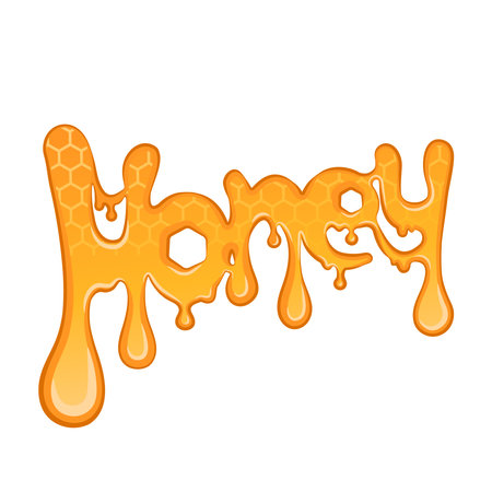 Honey lettering print. Liquid honey English text, logotype, design, sticker textured by honeycomb.のイラスト素材