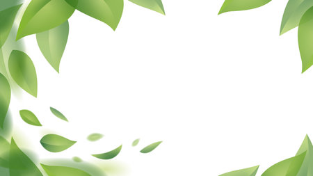 Green leaves in motion design. Fresh flying foliage in the wind isolated on a white background. vector illustration.のイラスト素材