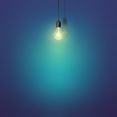 Illustration of hanging light bulb on the wall background. Glowing light bulb with the light spot on the wall. Template for text. Loft interior concept design.のイラスト素材
