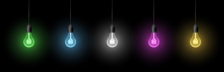 Hanging light bulbs set on the black background. Collection of glowing multicolor light bulbs. design elements.のイラスト素材