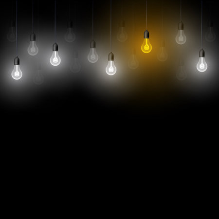 White glowing light bulbs on the black background. Hanging bright light bulbs design isolated on the black background.のイラスト素材