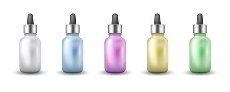 Dropper bottle realistic set for oil, essence and serum. Templates for cosmetic brand. Beauty care colorful collection of essence vials.のイラスト素材