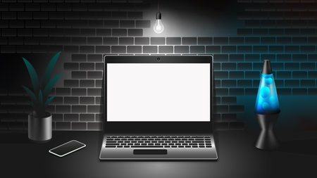Laptop and desktop illustration. Computer screen template. Workplace with office equipment on a desk at the night time.のイラスト素材