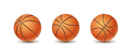 Set of basketball balls on the white background. Sport equipment illustration. Orange grooved sport balls closeup.のイラスト素材