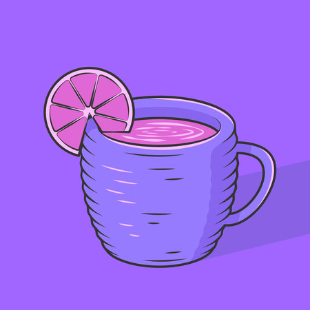 Wavy cup with tea and lemon. vector illustration. Mug with herb tea isolated on purple background.のイラスト素材