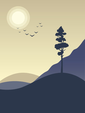 Mystical landscape of a lonely pine tree on the background of the sun and a flock of birds. View of the hills and mountains.のイラスト素材