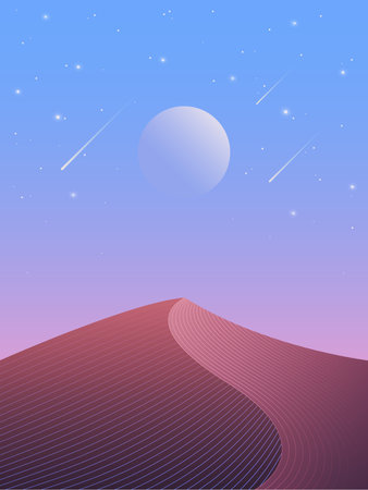 Illustration of night desert with sand dune, full moon and starry sky view.のイラスト素材
