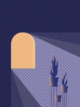 Illustration of home interior and several houseplant in moon ray from window at night.のイラスト素材