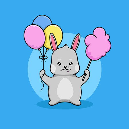Baby bunny character cartoon with balloons and candy floss. Vector clipart illustration.のイラスト素材