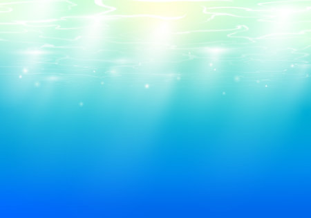 Underwater surface texture background with sunbeams on the wave and sparkles. Vector illustration.のイラスト素材
