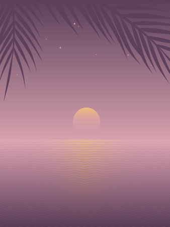 Tropical tranquil seascape with palm leaf silhouette and stars.のイラスト素材