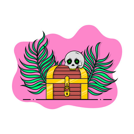 Pirate treasure chest and human skull on palm leaf background. Vector cartoon illustration.のイラスト素材
