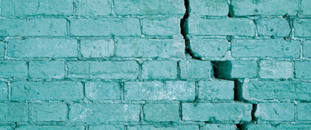 Light Blue Brick Wall With Crack Structure. Damaged Brickwork Surface Texture. Destroyed And Aged...