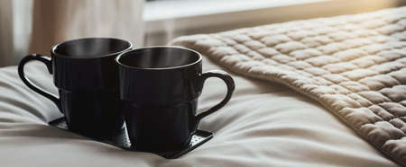 Two Black Coffee Cups On White Bed In Hotel Bedroom. Romantic Weekend For Couple With Breakfast In Bed On Valentines Day. Tea Mugs In Living Room Near Window Abstract Concept Back Light.の写真素材