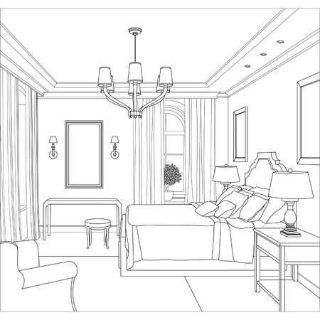 Editable vector illustration of an outline sketch of a interior  3D Graphical drawing interiorのイラスト素材