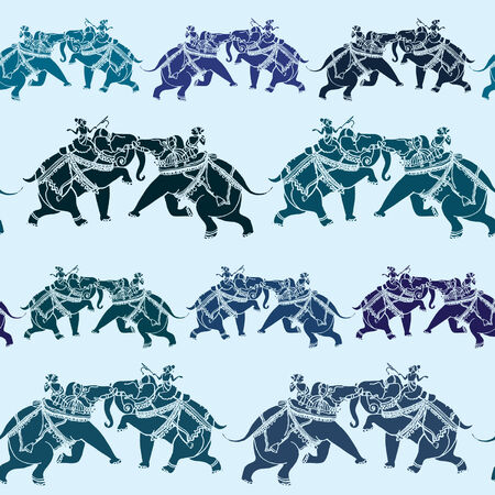 Elegance Seamless pattern with Indian army of elephants, vector ornament illustration in vintage styleのイラスト素材