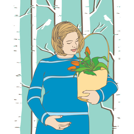 Beautiful smiling pregnant woman outdoor, vector illustration のイラスト素材