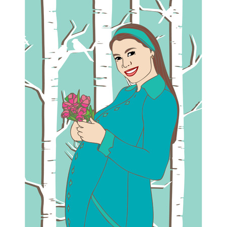 Beautiful smiling pregnant woman outdoor, vector illustration のイラスト素材