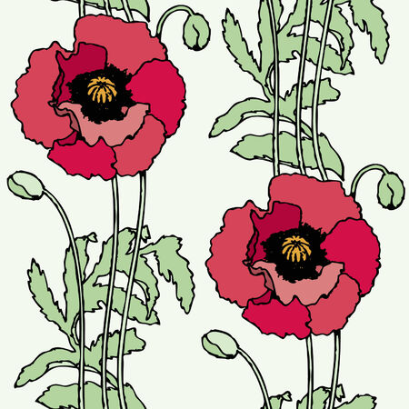 Elegance Seamless pattern with flowers poppies and daisies, vector floral illustration in vintage styleのイラスト素材