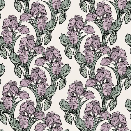 Vector iris. Floral botanical flower. Wild spring leaf wildflower isolated. Seamless background pattern. Fabric wallpaper print texture.のイラスト素材