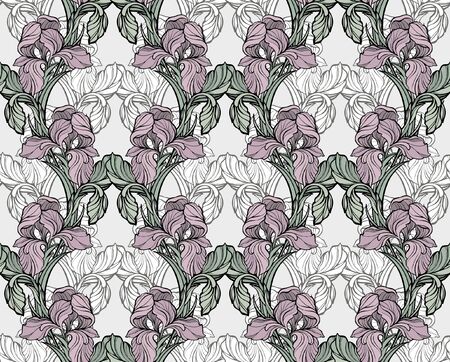 Vector iris. Floral botanical flower. Wild spring leaf wildflower isolated. Seamless background pattern. Fabric wallpaper print texture.のイラスト素材