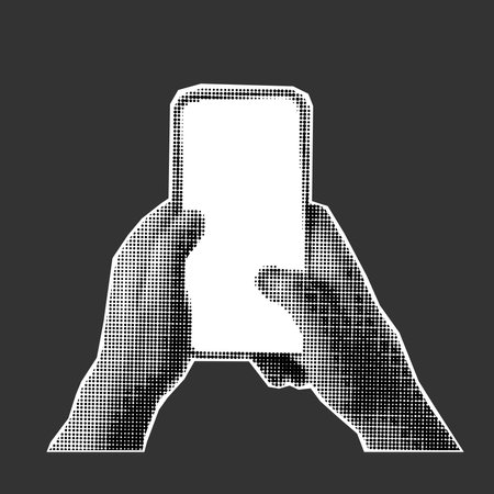 Halftone collage of mobile phone in hands on a dark background. Fashionable retro element cut from magazine, dotted pattern, template for advertising.のイラスト素材