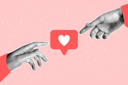 Halftone collage hands banner, palms reaching for like. Retro pop art magazine cut element on pink...