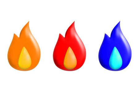 3d render fire emoticon emoji isolated on white background. Orange, red and blue flames, volumetric blown vector image.のイラスト素材