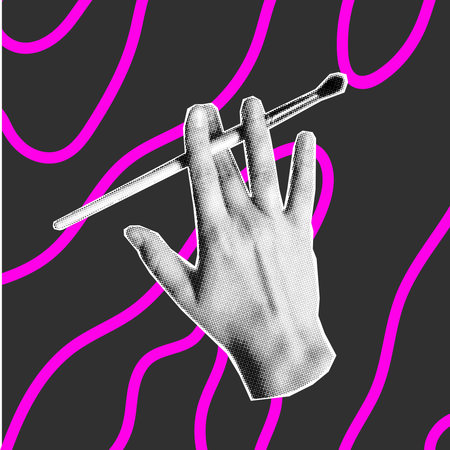 Halftone collage of hand gesture on a dark background. Hand paper cut fashion elements, retro punk style, pink doodle element.のイラスト素材