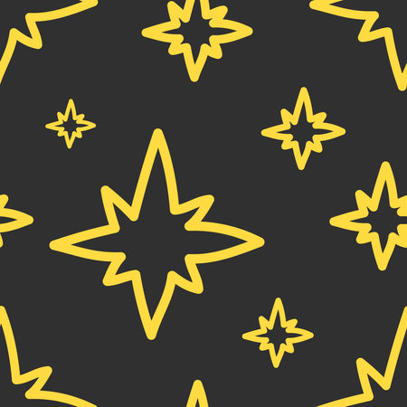 Cute seamless pattern of yellow doodle hand drawn stars on a dark background. Beautiful illustration, wrapping paper, textile.のイラスト素材