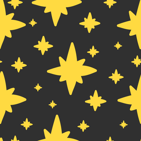 Seamless pattern of cute eight-pointed stars of different sizes on a dark background. Night sky, doodle hand drawn elements, wrapping paper, background.のイラスト素材
