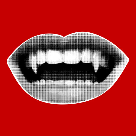 Halftone collage of mouth isolated on red background. Vampire smile, retro magazine cutout element. Y2K, 90s, 00s, fashionable punk banner.のイラスト素材