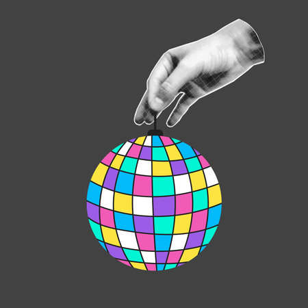 Halftone collage banner, hand holding disco ball drawn in flat style on gray background. Cut out element, pop art illustration.のイラスト素材