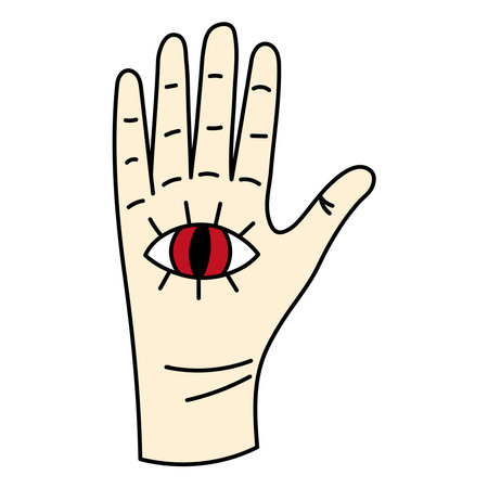 Cute doodle illustration in flat style, hand with red demon eye isolated on white background. Witch items, witchcraft.のイラスト素材