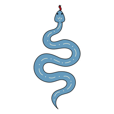 Cute doodle illustration in flat style, blue poisonous snake isolated on white background. Witch's pet, witchcraft.のイラスト素材