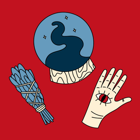 Cute doodle illustration in flat style, clipart set of bunching herbs, hand with eye and glass magic ball on red background, fortune telling. Witch items, witchcraft.のイラスト素材